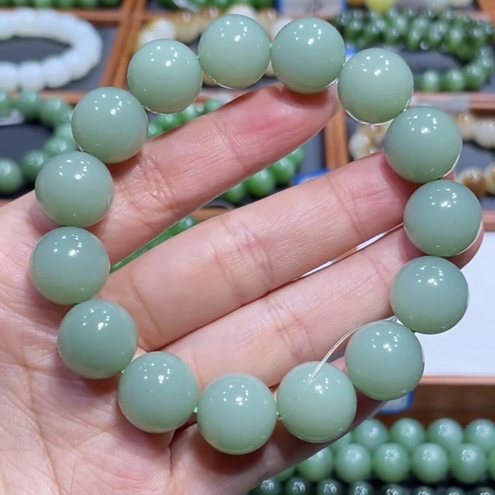 无结构！和田玉俄料碧玉鸭蛋青粉青瓷白手串14mm