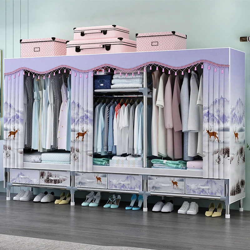 【结实耐用】简易衣柜家用卧室出租房用布衣柜加厚加粗全钢架带抽屉