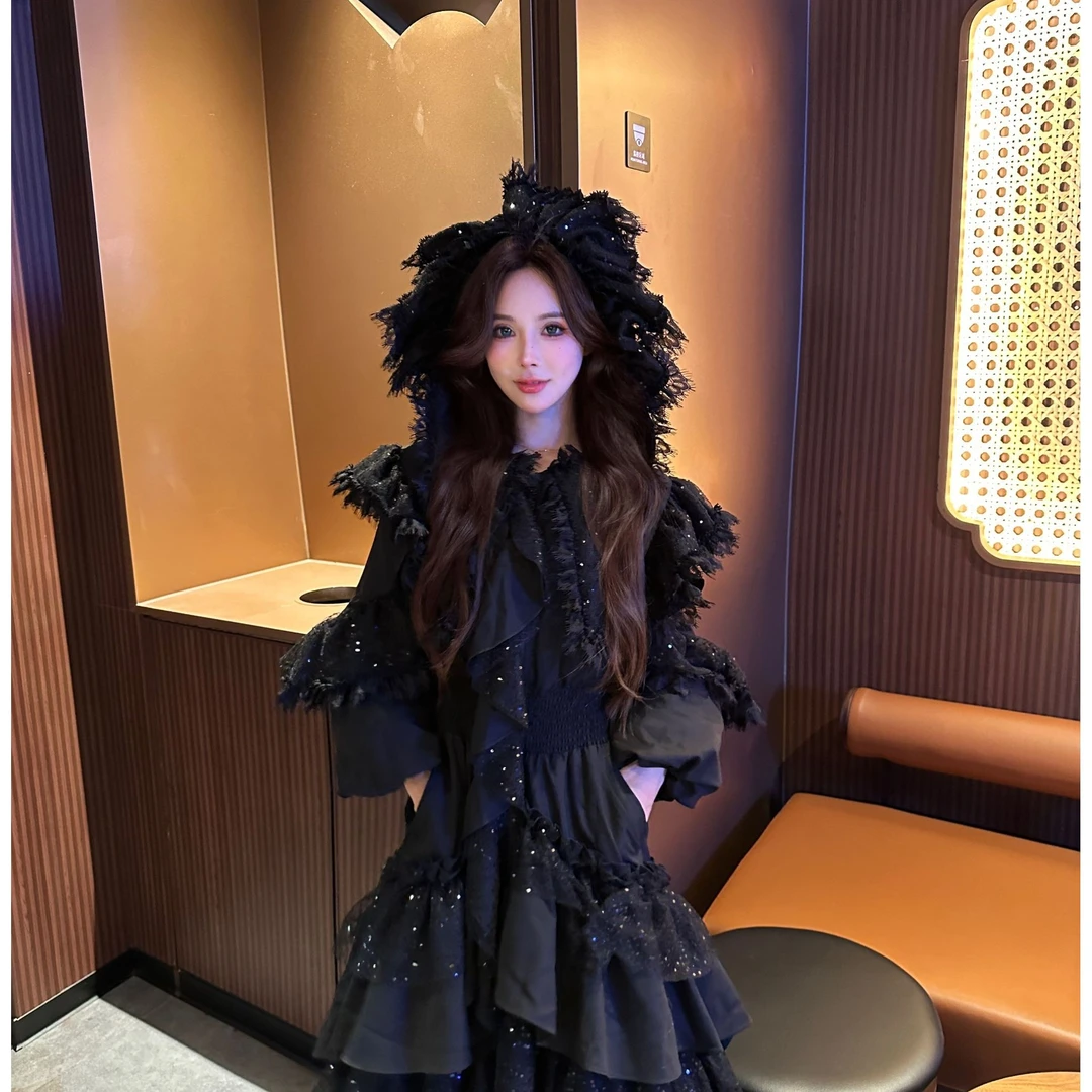 亚町家原创黑色外套时尚秋冬气质显瘦蕾丝珠片绣法式收腰2771