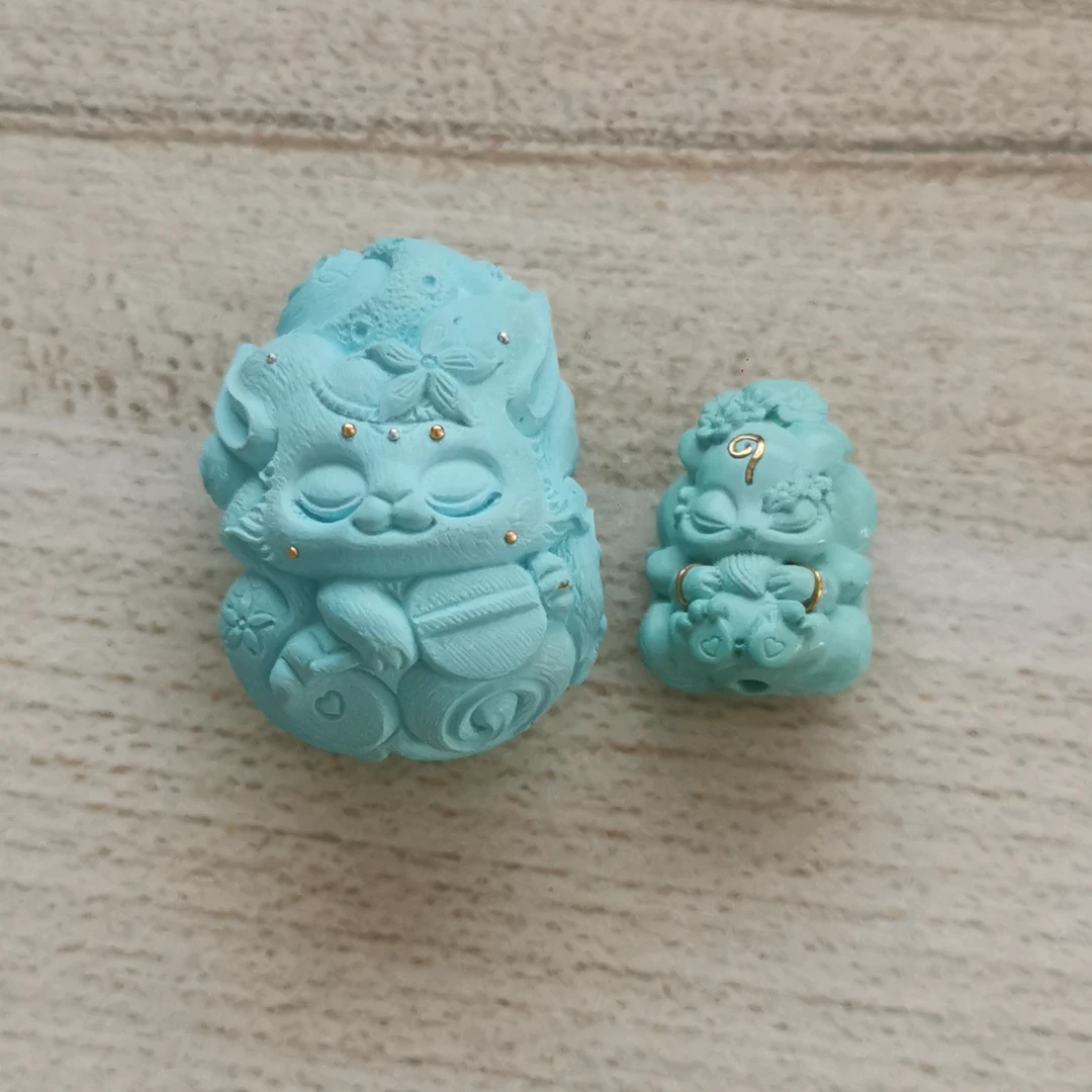 鱼悦珠宝天然原矿绿松石精工九尾狐一对