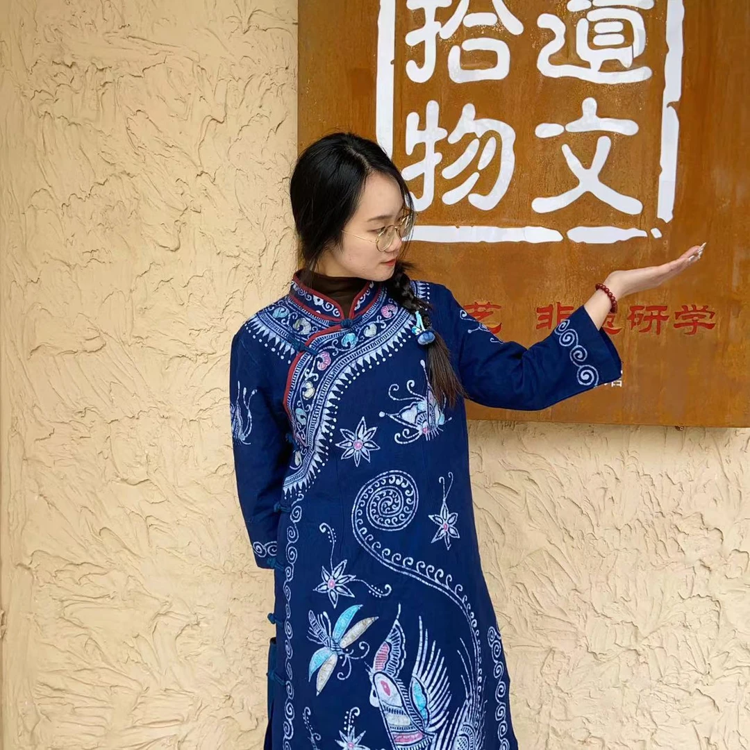 【青纱蓝衣】民族风蜡染手工中式传统复古长款蓝调文艺老粗布连衣裙