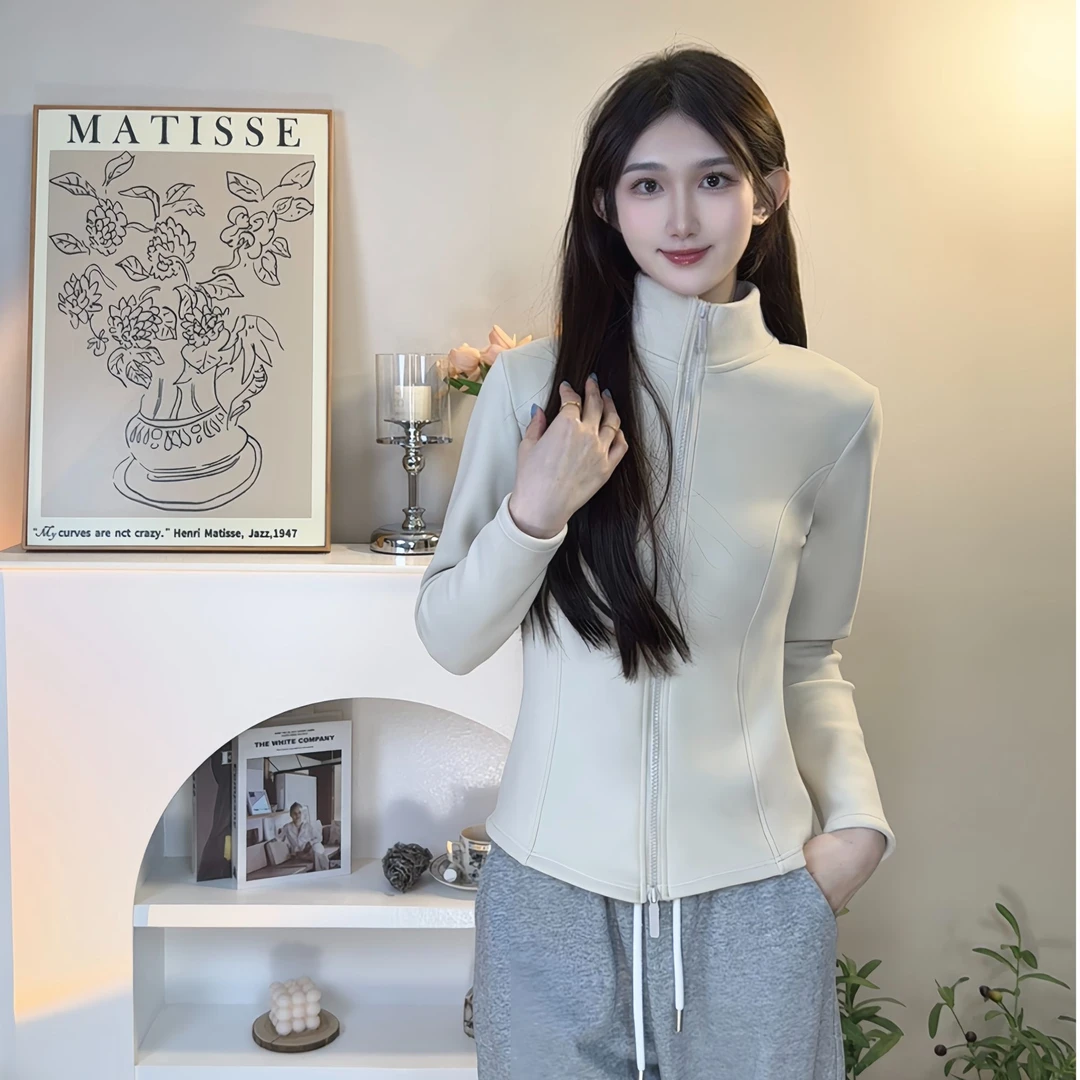 秋冬季外套女加绒加厚修身卫衣户外运动防风连帽上衣双拉链开衫