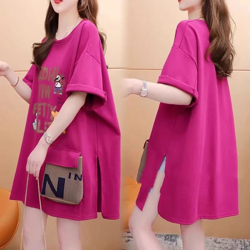 大码显瘦夏季洋气时尚休闲减龄ins圆领t恤大码宽松中长款半袖韩版