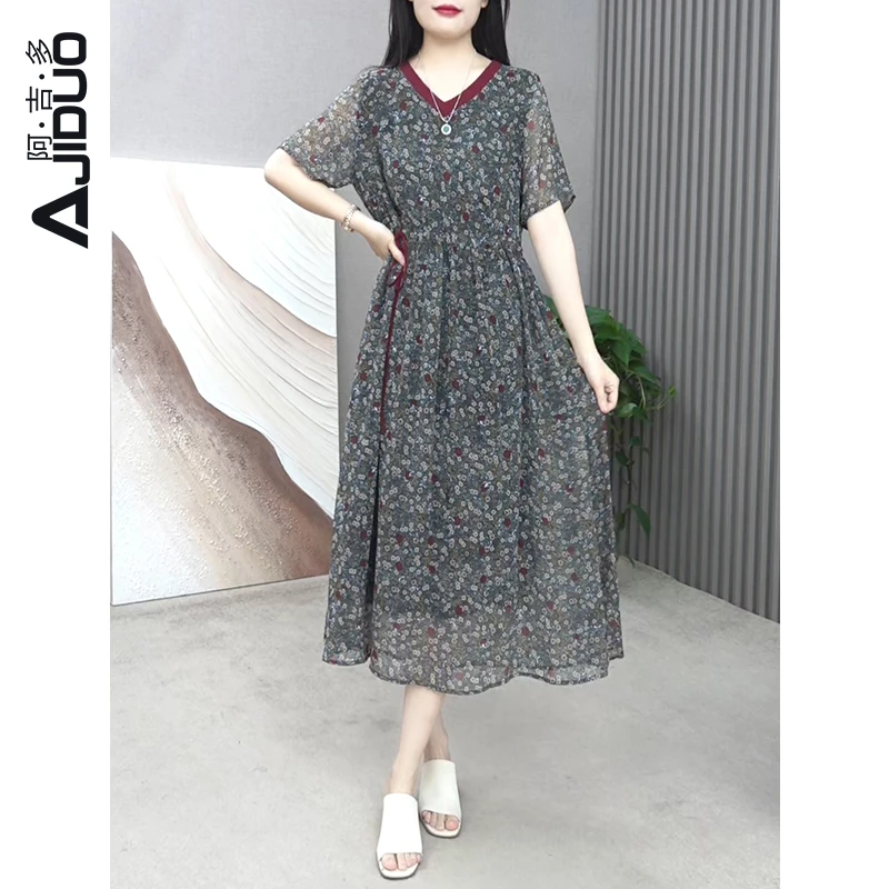 夏季时尚外出连衣裙女夏薄款宽松显瘦长裙气质洋气减龄大码裙子