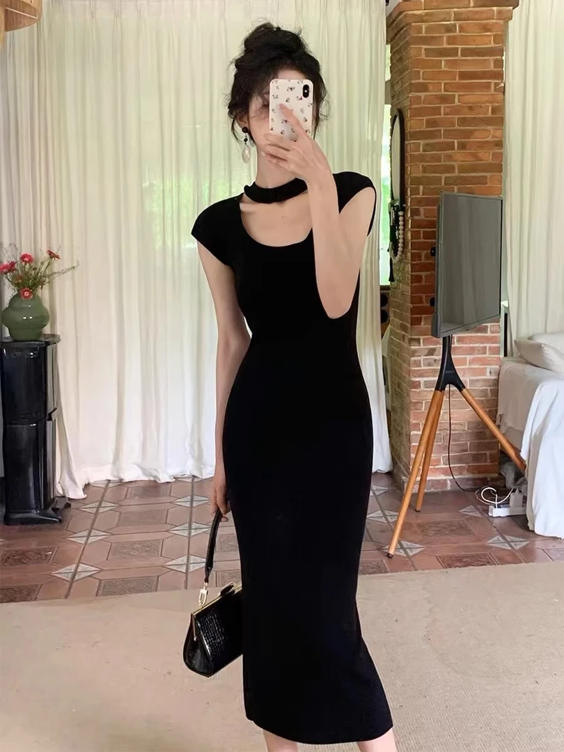 冰麻纱修身显瘦收腰针织连衣裙女夏季气质包臀裙长裙子开叉连衣裙