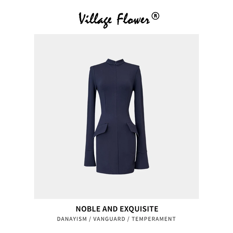 绝美立领设计感口袋装饰收腰修身包臀裙