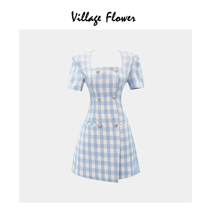 【夏天的风】蓝白格子连衣裙女夏日法式多巴胺小个子a字茶歇裙子