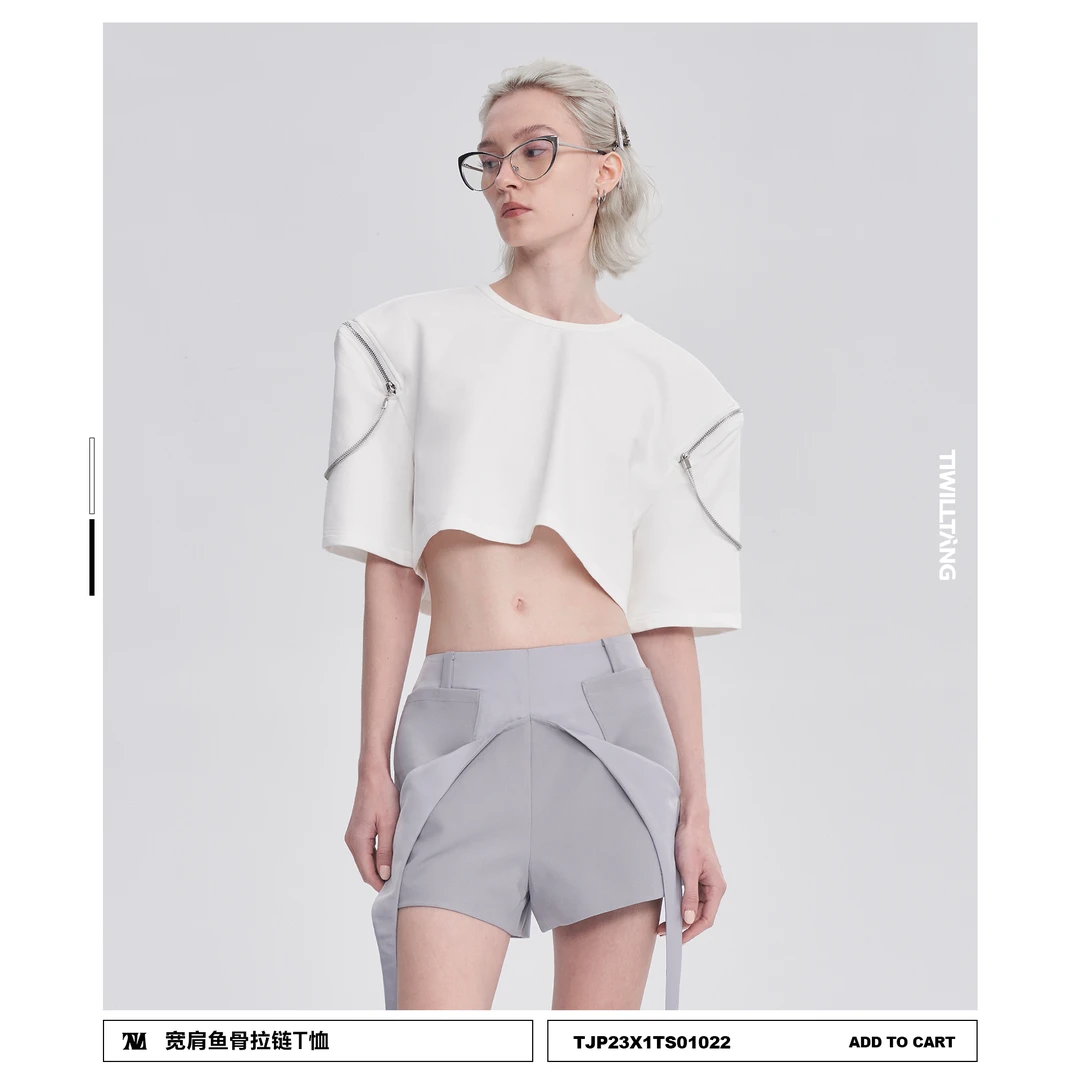 TIWILLTANG就异是“盐棘”小众设计感宽肩鱼骨拉链短袖T恤女甜酷