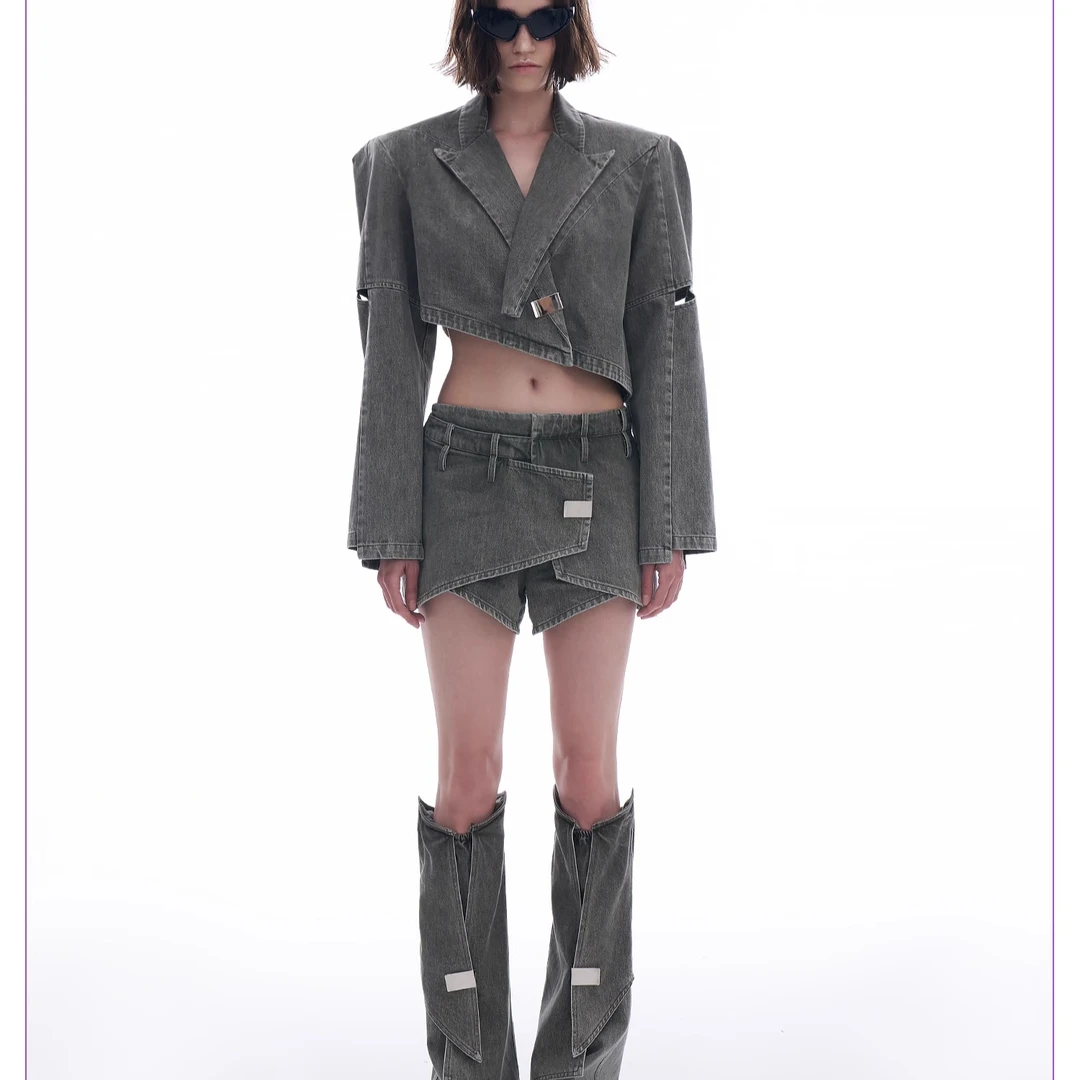 TIWILLTANG就异是“阈秩限境”交错解构短款夹克上衣裙三件套