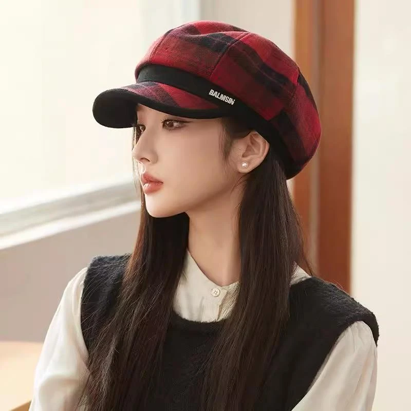 帽子女2024新款秋冬八角显脸小红色格子贝雷帽鸭舌英伦复古报童帽