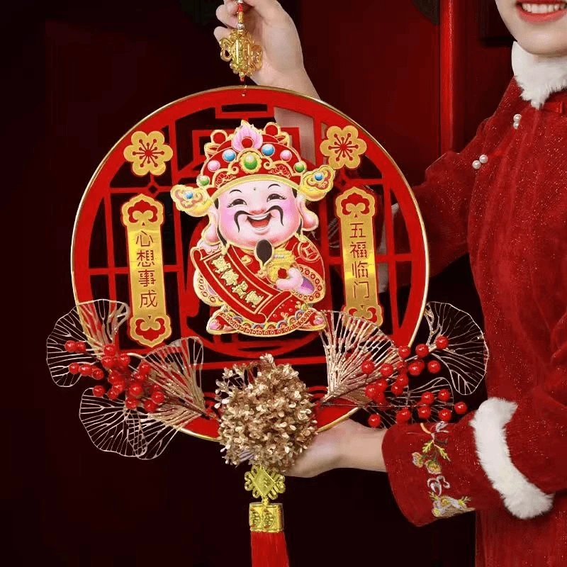 财神爷过年玄关公司门店居家场景布置挂件财神带花会摇头款