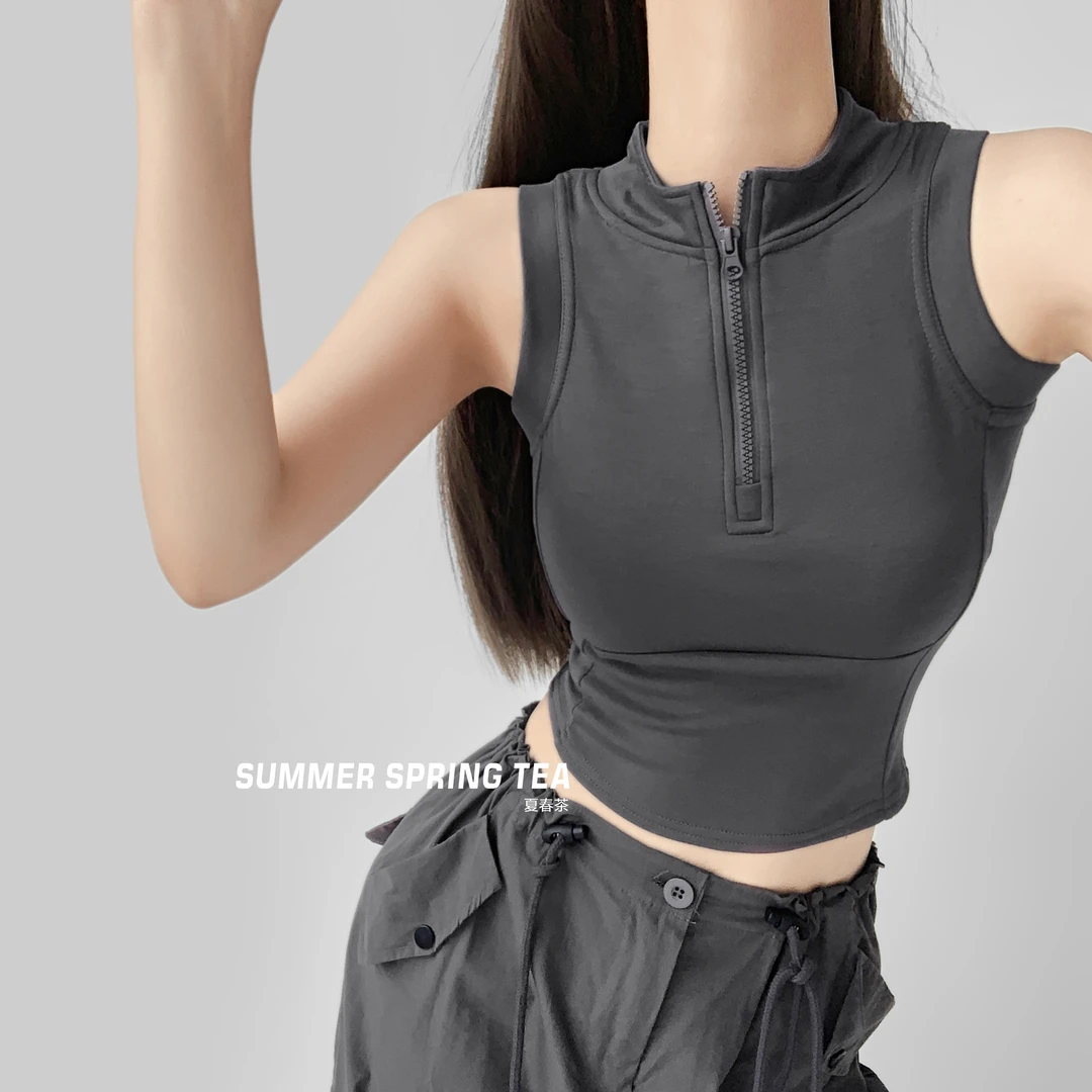 夏春茶美式辣妹无袖背心女2024夏季新款小众修身显瘦外穿短款上衣