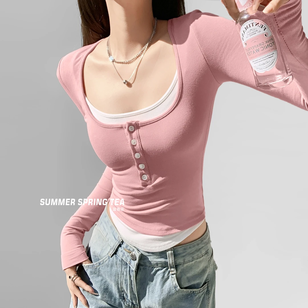 夏春茶美式辣妹风长袖假两件T恤女秋冬2024新款显瘦内搭打底上衣