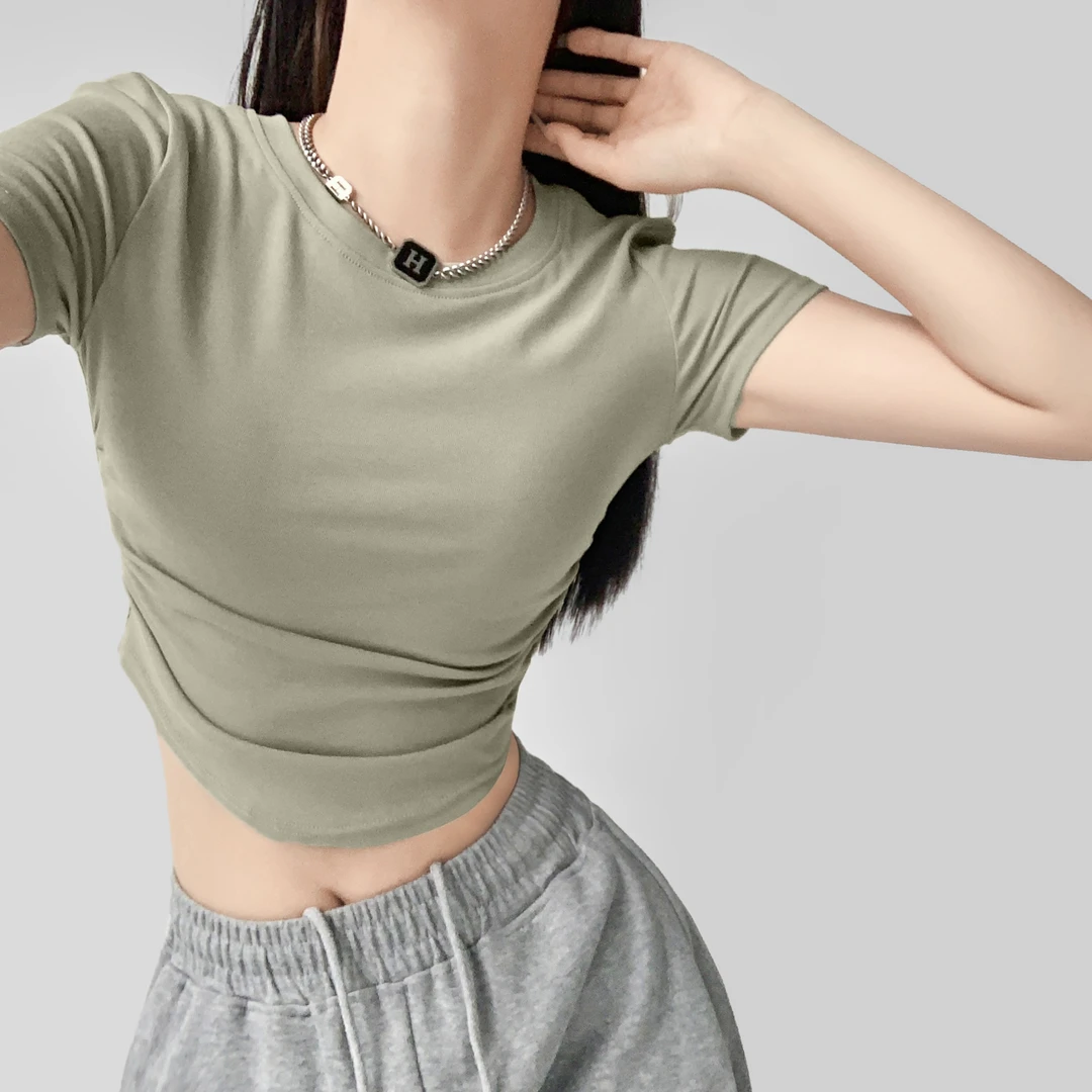 夏春茶性感辣妹修身T恤女夏季显瘦纯色设计感短款圆领露脐上衣ins