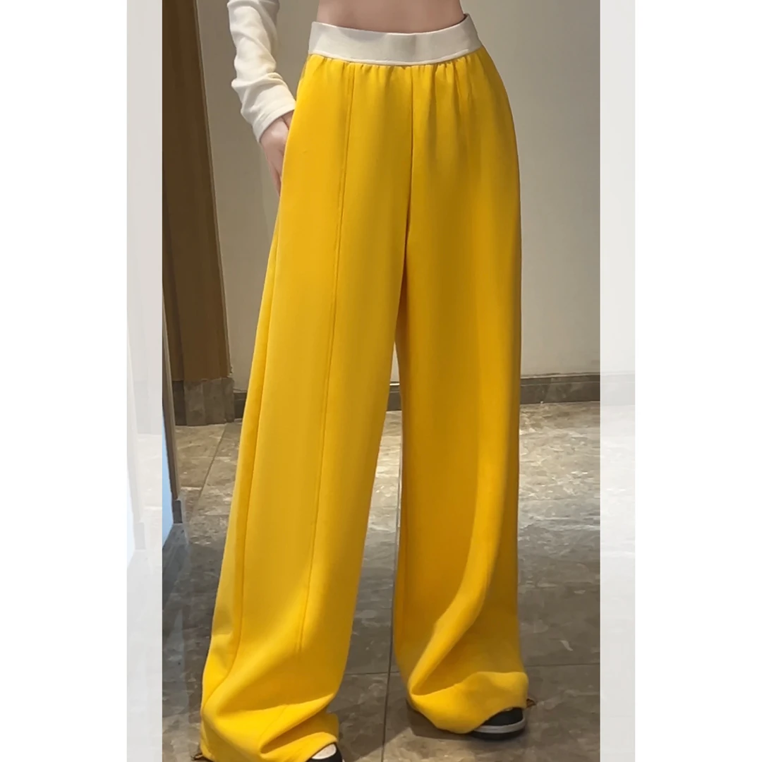 夏春茶软腻宽松压褶中线阔腿裤女2024新款撞色高腰休闲拖地长裤潮