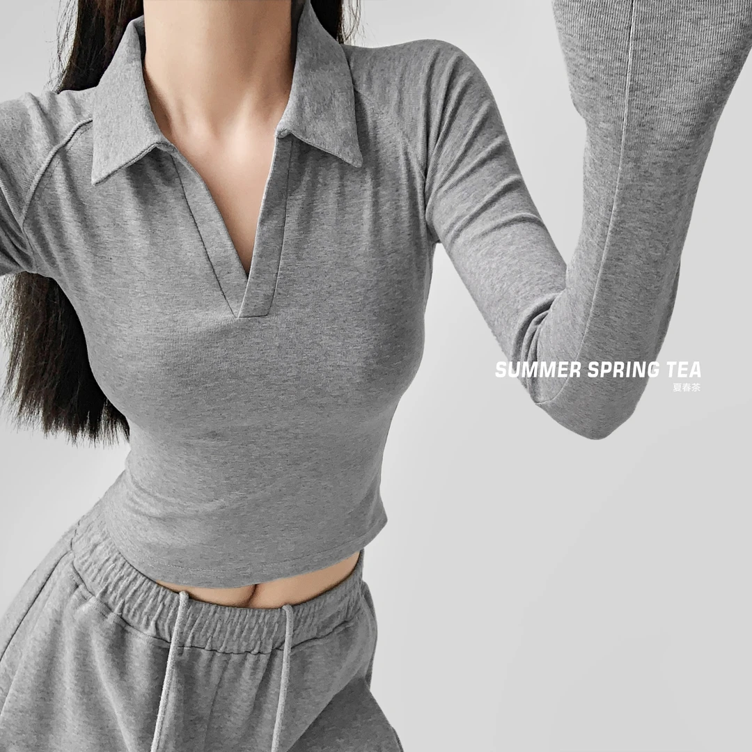 夏春茶春季设计感辣妹V领弹力显瘦修身polo衫别致长袖T恤上衣