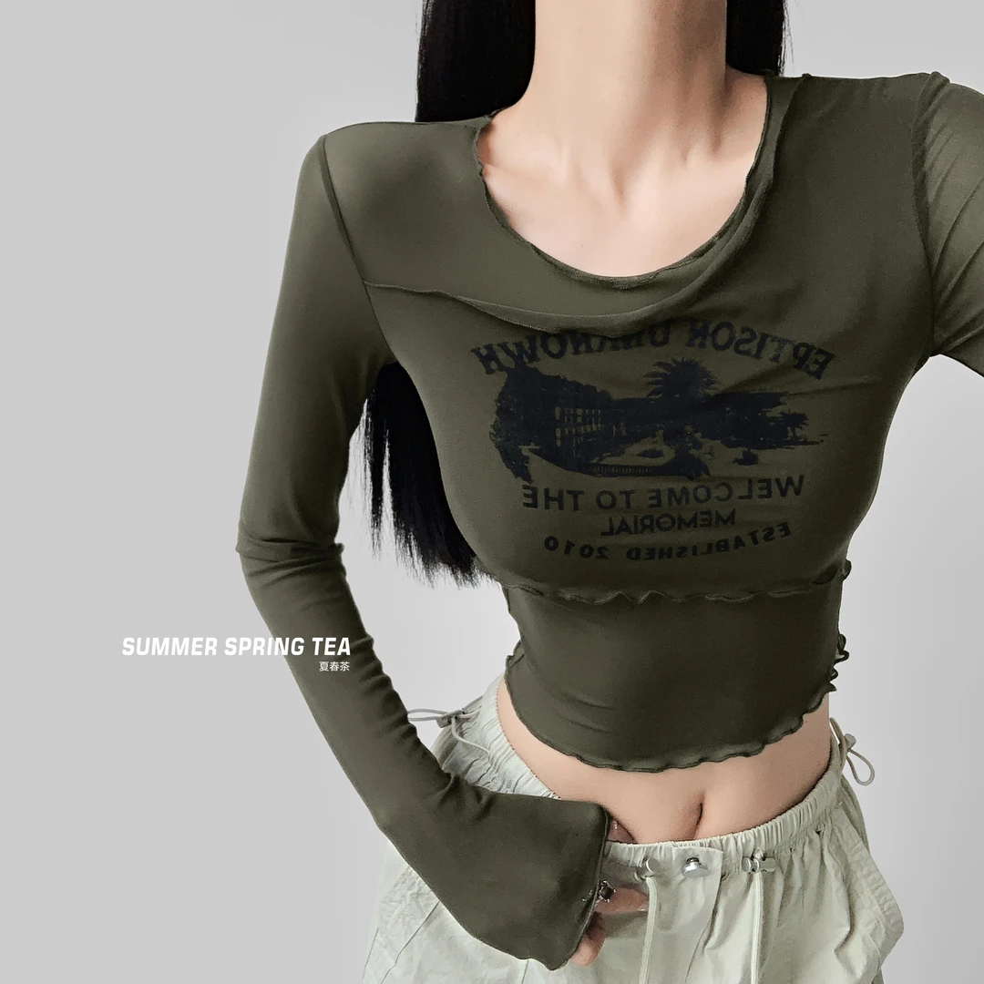 夏春茶美式复古罩衫长袖T恤女新款早秋不规则修身显瘦内搭上衣ins