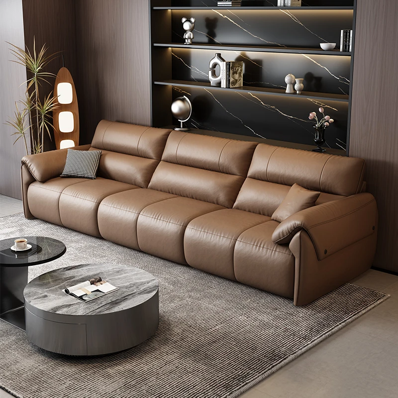 摩卡色钢琴键大象耳朵真皮沙发现代轻奢意式极简头层牛皮沙发直排