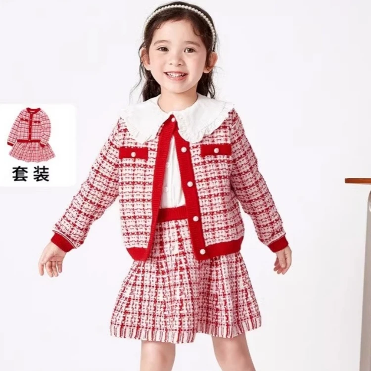 儿童装女童套装春秋冬2024款宝宝小童新年小香风拜年服