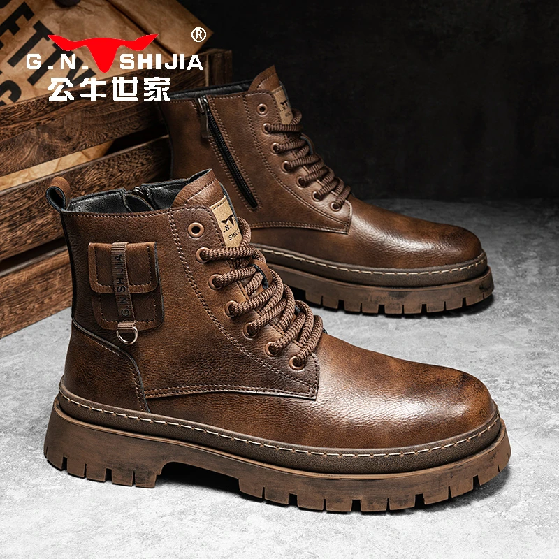 公牛世家男士马丁靴冬季高帮男鞋英伦风复古百搭短靴厚底工装靴子