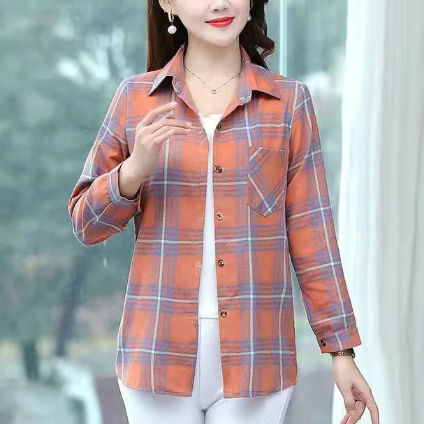 2025新款女士衬衫宽松格子衬衫女中年人妈妈装长袖上衣夏天衣服女