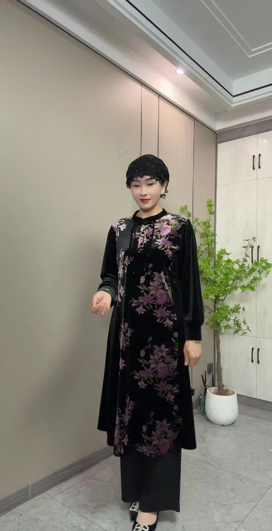 w1768新中式丝绒连衣裙