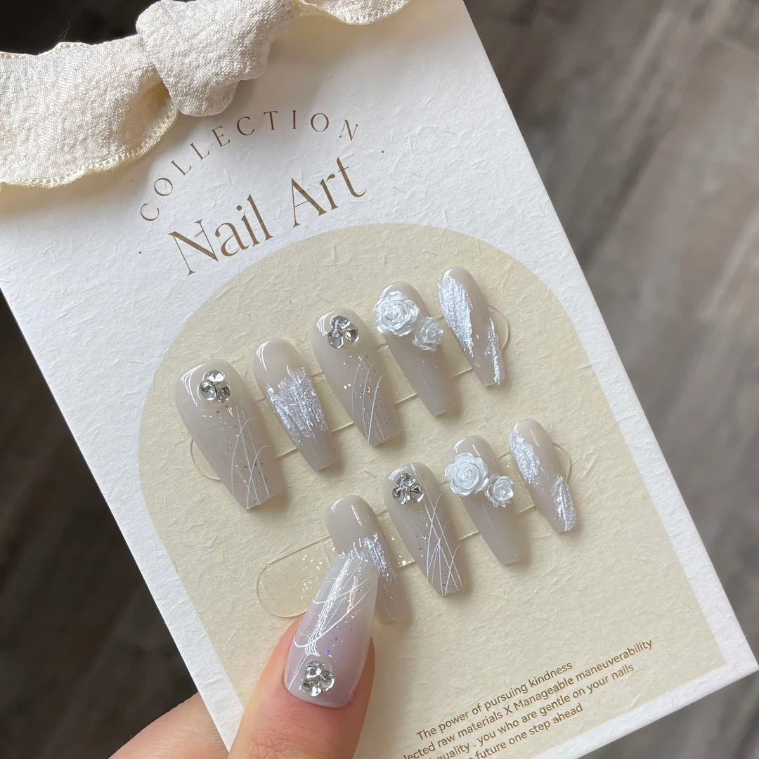 手工美甲穿戴美甲梯形闪钻珍珠山茶花显白假指甲贴片新娘孕妇婚