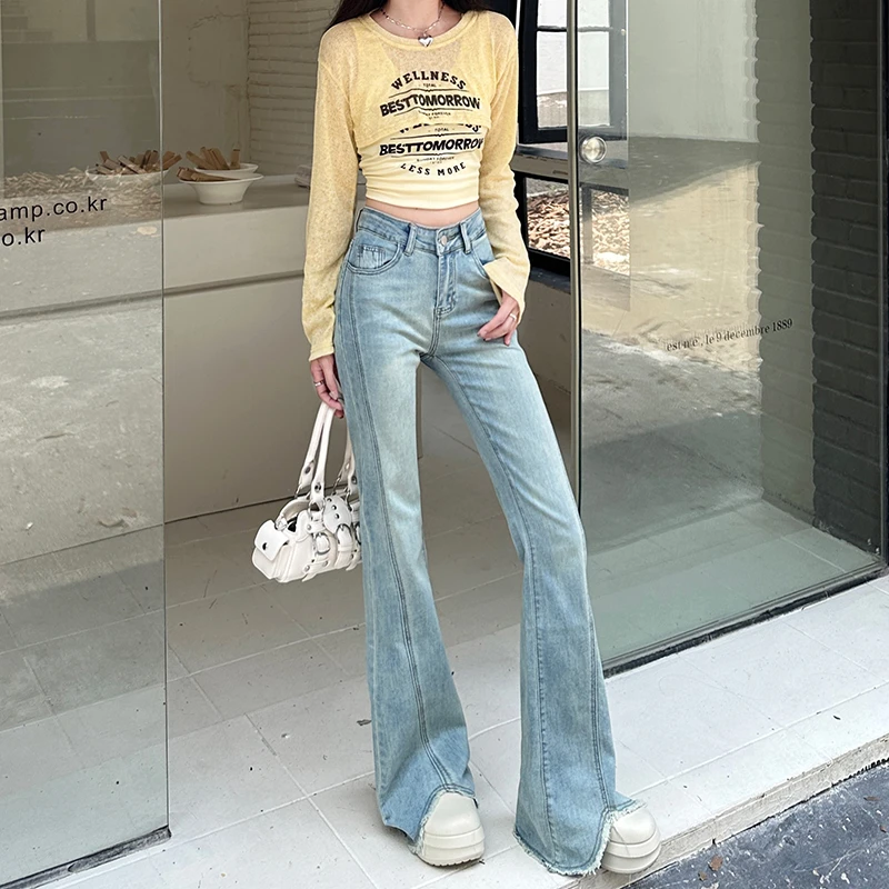 2025春季新款微喇牛仔裤女高腰修身显瘦小众设计感开叉毛边裤子