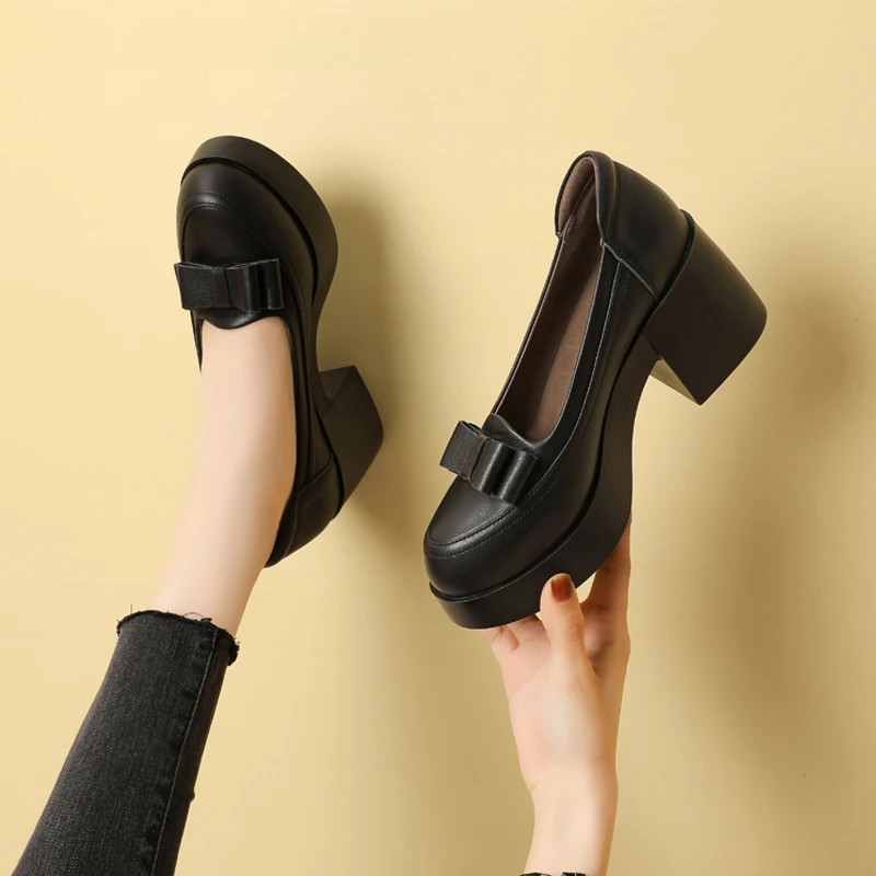 高跟鞋女2025年新款真皮圆头浅口坡跟厚底仙女风小皮鞋一脚蹬单鞋