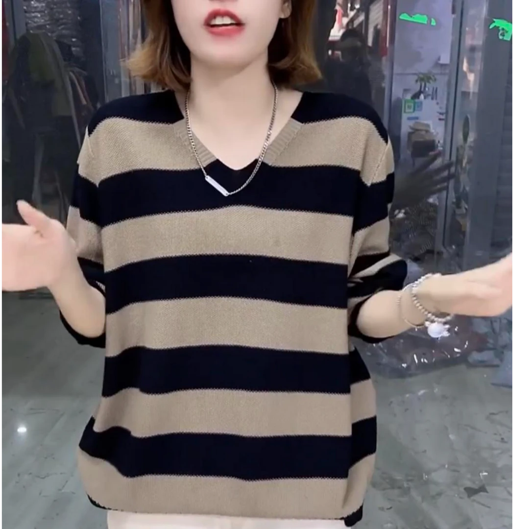 时尚专柜大码欧洲早秋新款条纹针织衫长袖毛衣宽松打底百搭上衣