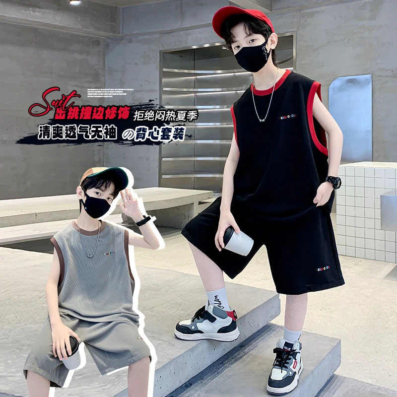 2024夏季新款男童中大童洋气薄款透气清爽字母刺绣无袖运动套装