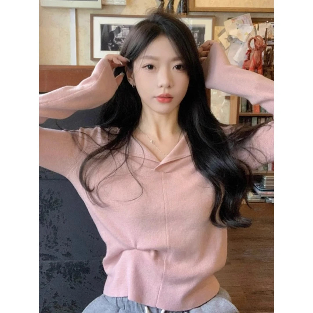 温柔风软糯V领短款针织衫毛衣女春秋修身内搭翻领粉色打底衫上衣