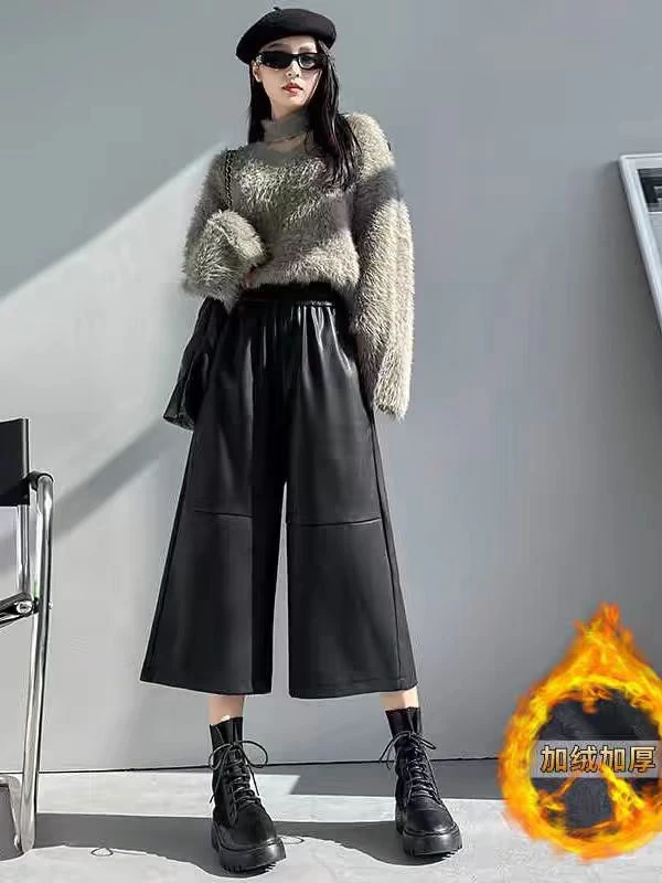 2024秋冬新款松紧腰八分阔腿裤小个子黑色PU皮加绒皮裤休闲七分裤