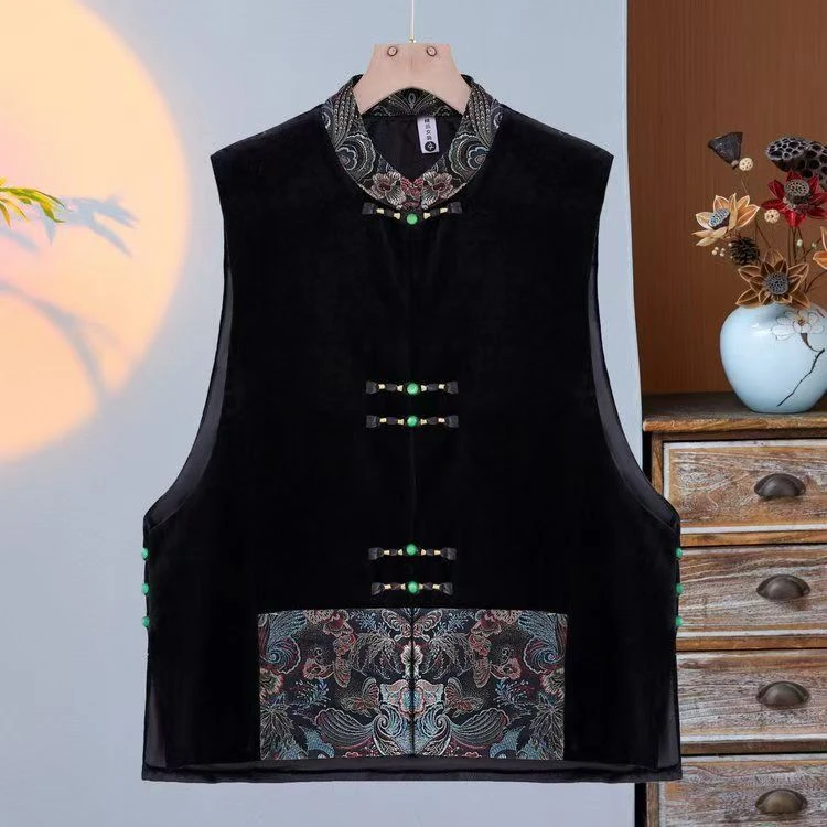 新中式立领重工刺绣丝绒马甲女2025秋冬新款百搭盘扣加棉马夹坎肩