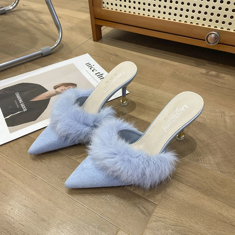 包头半拖鞋女冬外穿带毛毛的高跟鞋细跟尖头时尚时装网红穆勒拖鞋