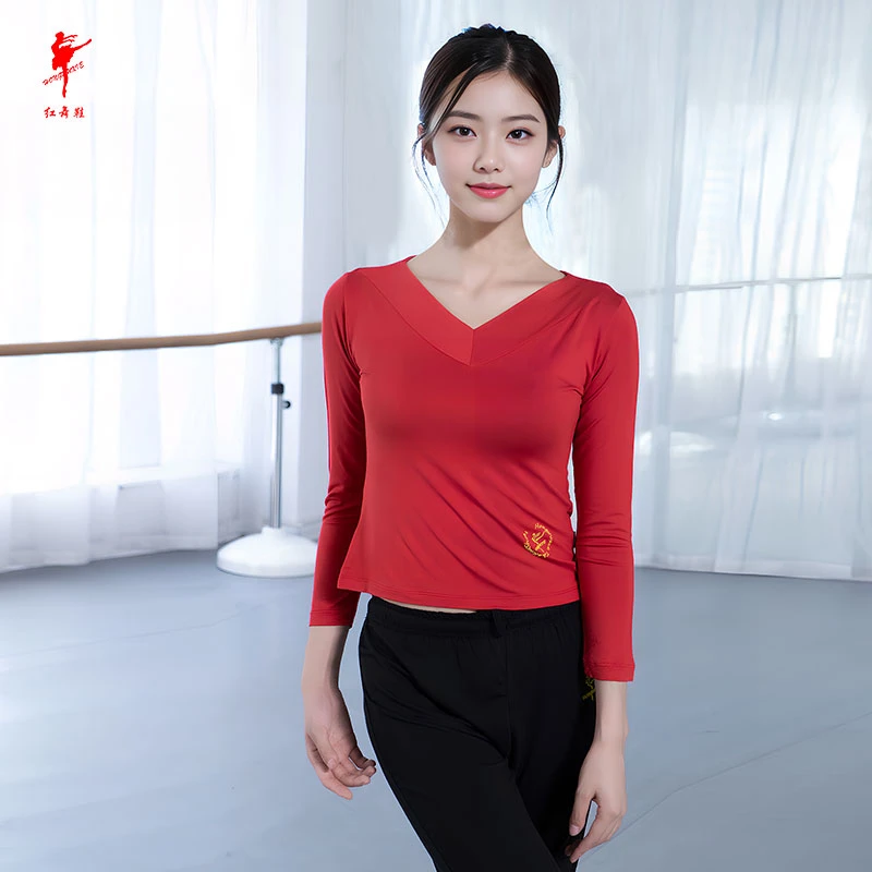 红舞鞋35011 丝光棉前V后圆长袖上衣瑜伽芭蕾练功舞蹈服广场舞服