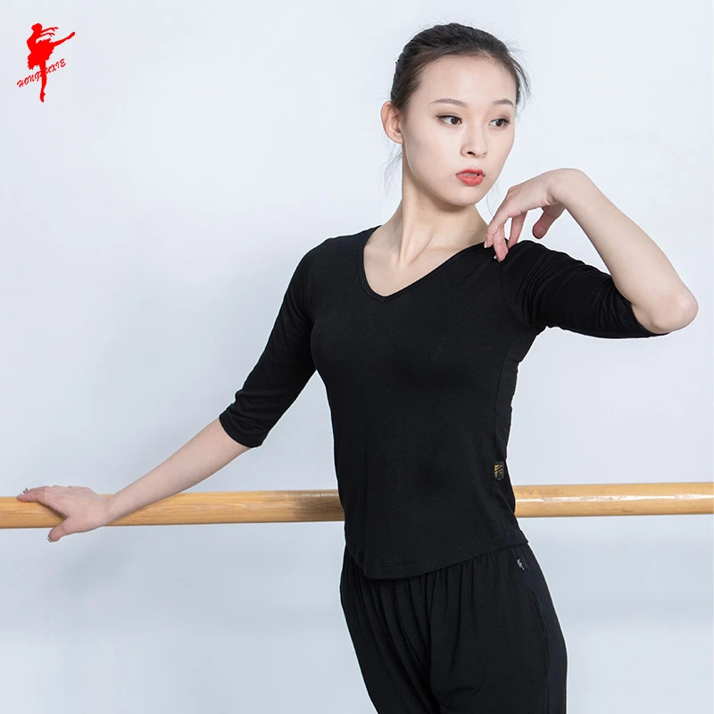 红舞鞋女成人丝光棉前V园摆七分袖练功服舞蹈服半袖上衣夏SG13028