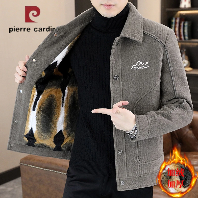 皮尔卡丹2024冬季男士新款时尚潮流加绒加厚保暖外套翻领百搭休闲