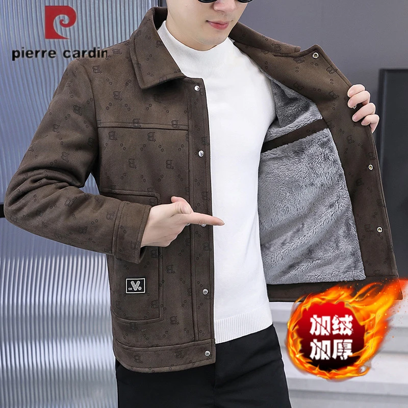 皮尔卡丹2024冬季男士新款时尚高级潮流百搭加绒保暖翻领纽扣外套