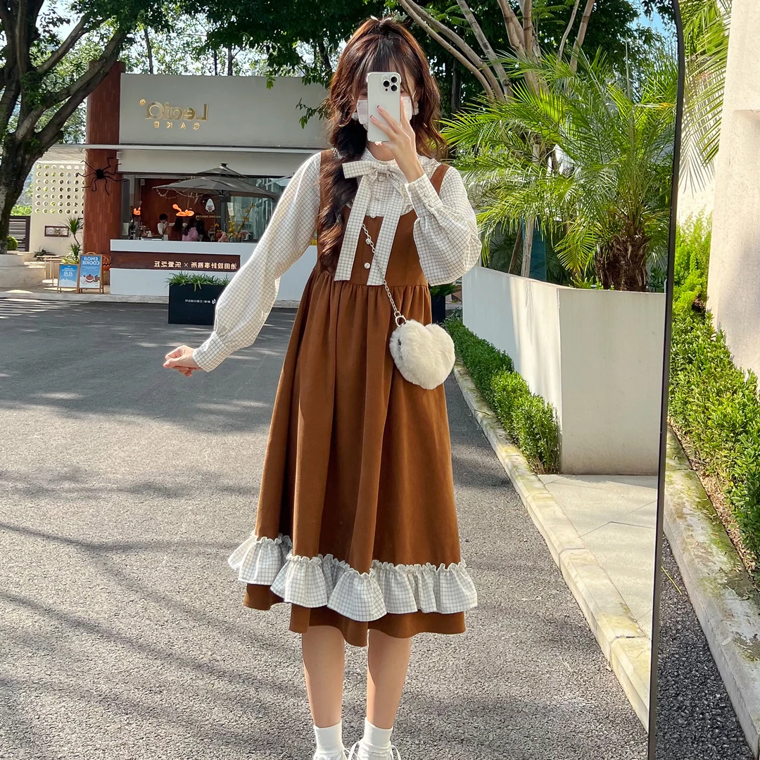 花崎鹿原创拼接假两件连衣裙秋款苏黎世秘境长袖收腰蝴蝶结大摆