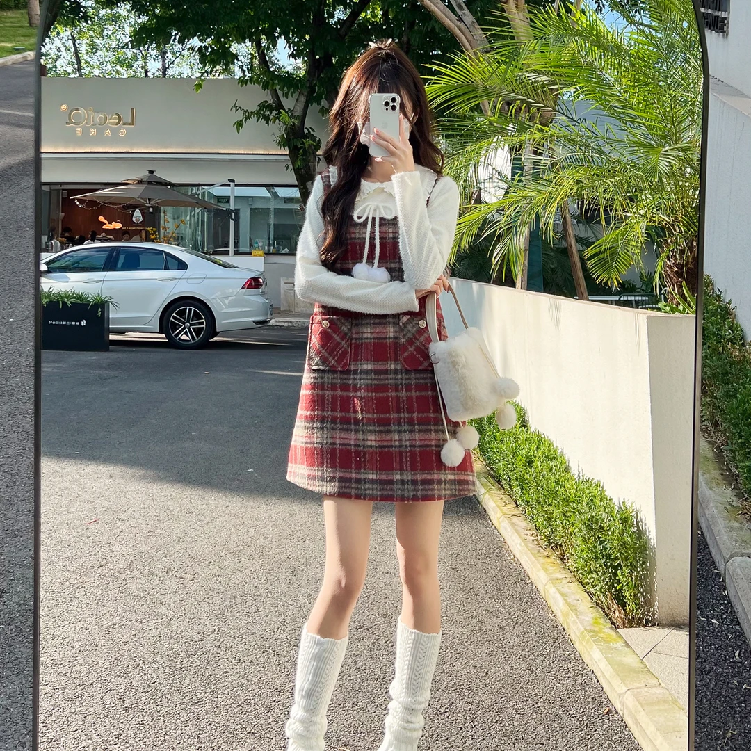 花崎鹿原创玛德琳女孩连衣裙格纹毛呢裙法式千金感宽松复古冬