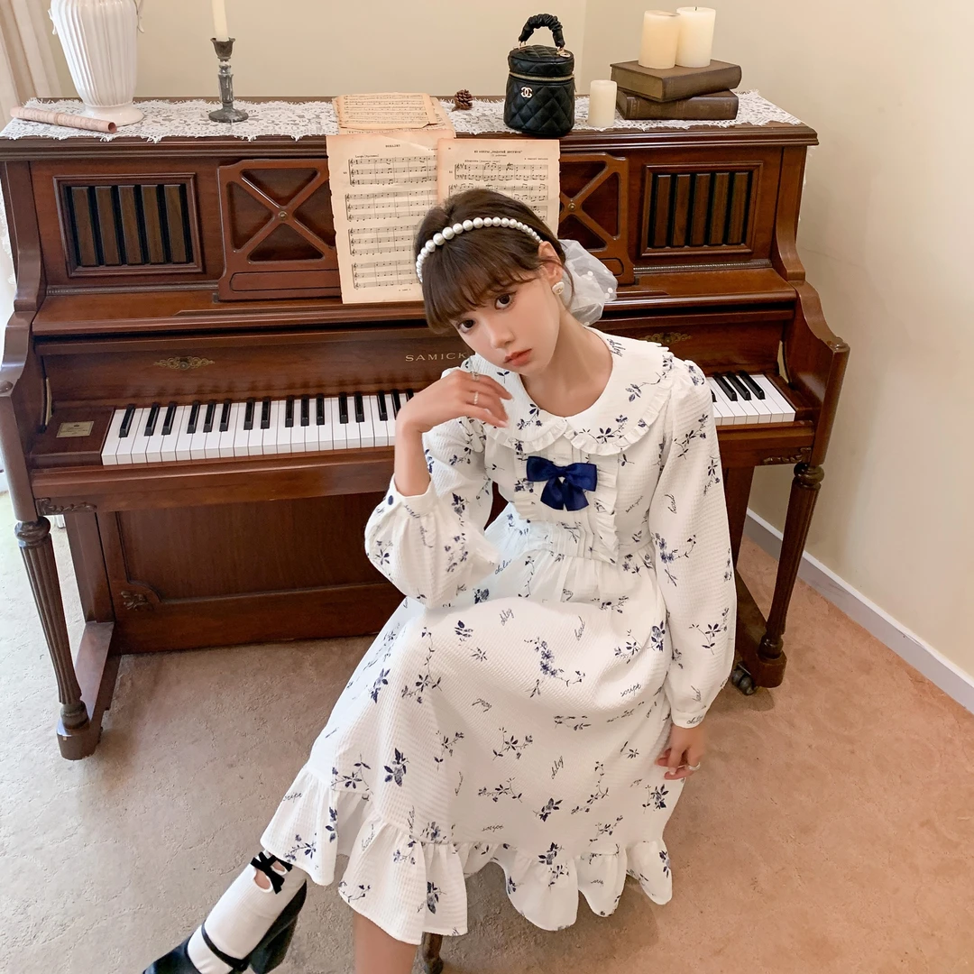 花崎鹿原创华夫格印花连衣裙 法式优雅气质少女长裙新清仓1