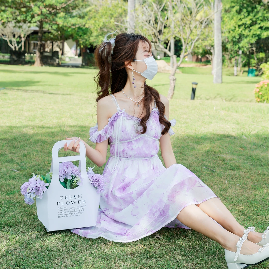 伊芙少女花崎鹿温婉气质渐变丁达尔风花连衣裙吊带裙连衣裙夏新