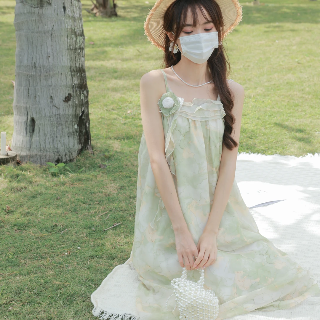 花崎鹿原创手工卷花薄荷曼波春日来信吊带连衣裙度假宽松海边