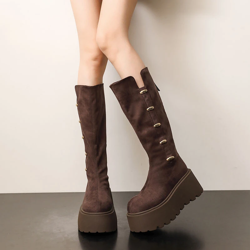 松糕厚底不过膝长靴女小个子加绒高筒靴冬季新款圆头后拉链时装靴
