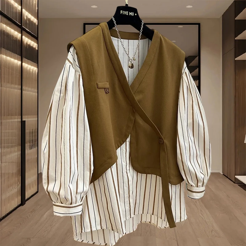 2025春秋新款女士长袖衬衫假两件大码女装胖mm遮肚子显瘦衬衣上衣