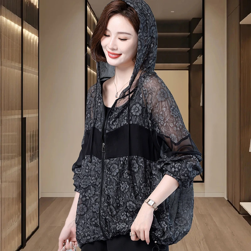 复古碎花连帽防晒衣外套女2025夏季新款宽松休闲百搭印花防晒服女