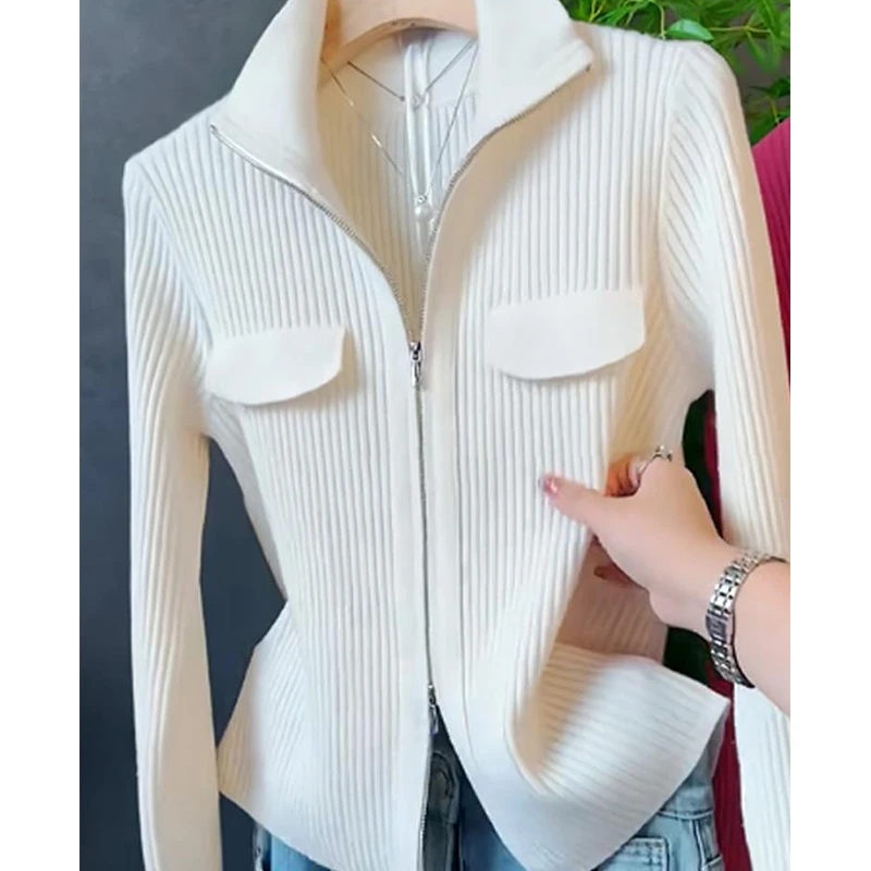 韩版双拉链翻领针织衫2025年春秋季新款纯色休闲洋气百搭长袖上衣
