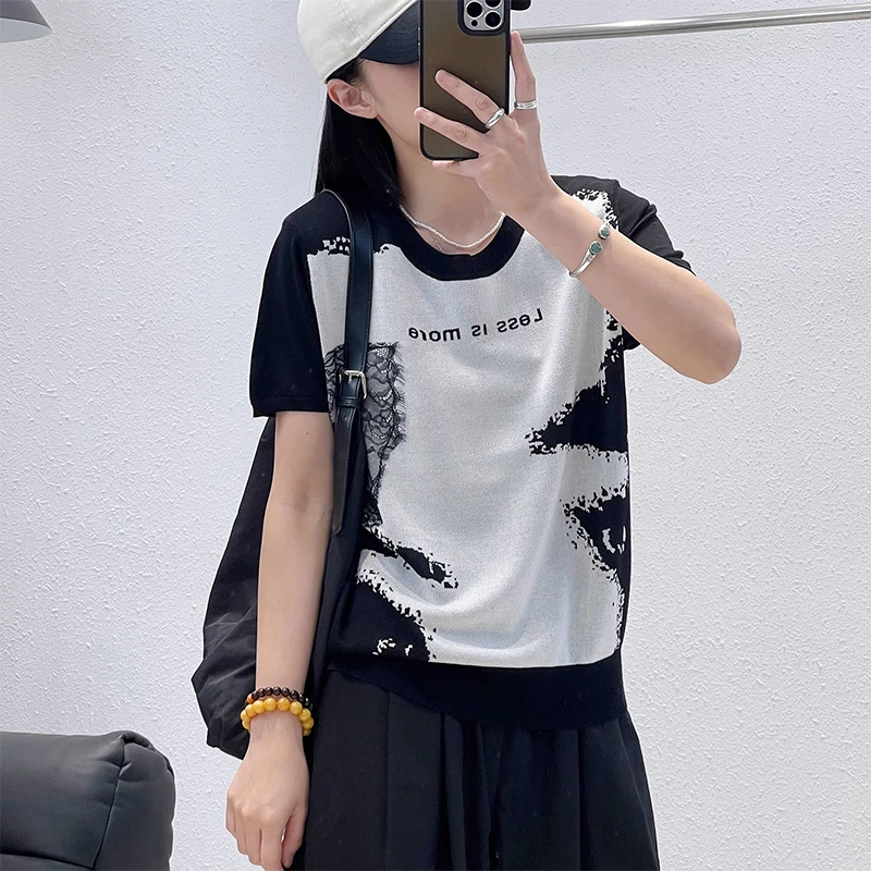 简约黑色字提花正肩短袖t恤女士2025夏季新款高级感轻奢撞色上衣