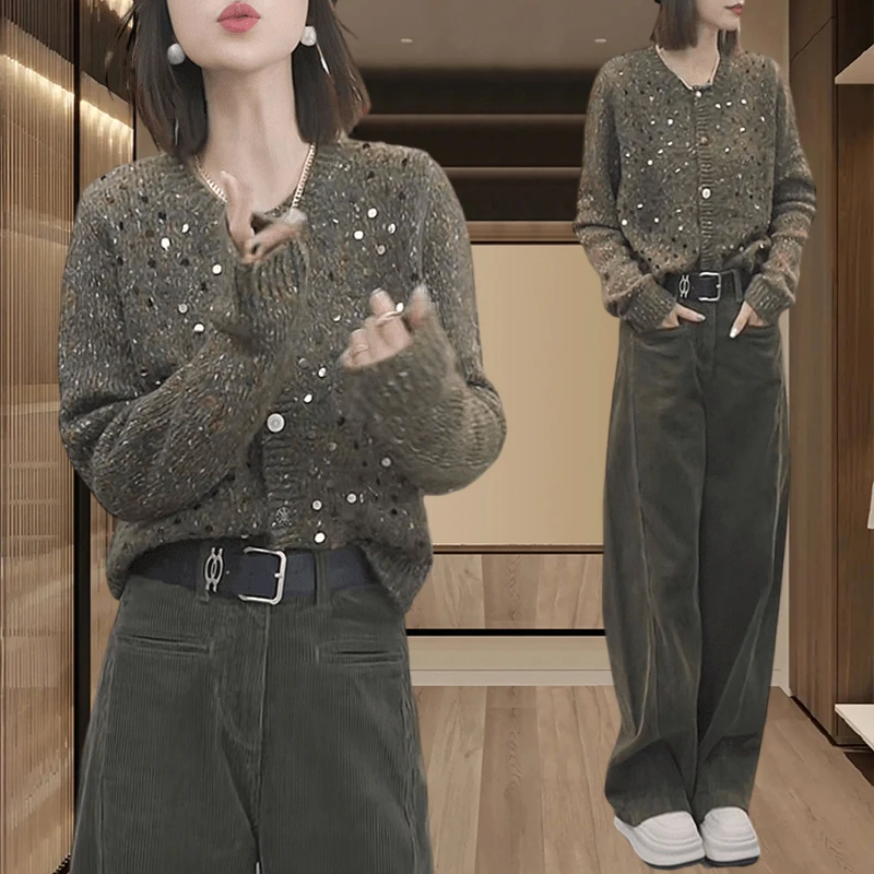 气质套装女士春秋季新款设计感小众法式亮片针织开衫直筒裤两件套